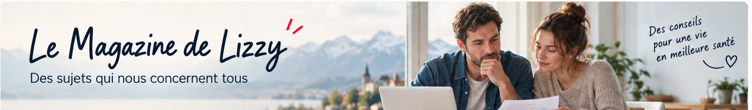 Un couple consulte ses documents d’assurance sur un ordinateur, dans le bandeau du Magazine de Lizzy consacré aux conseils pratiques en Suisse.